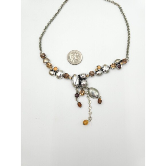 Vintage Faux Amber Rhinestone Silver Tone Dangle Bib Necklace & Earrings Boho - Picture 3 of 8